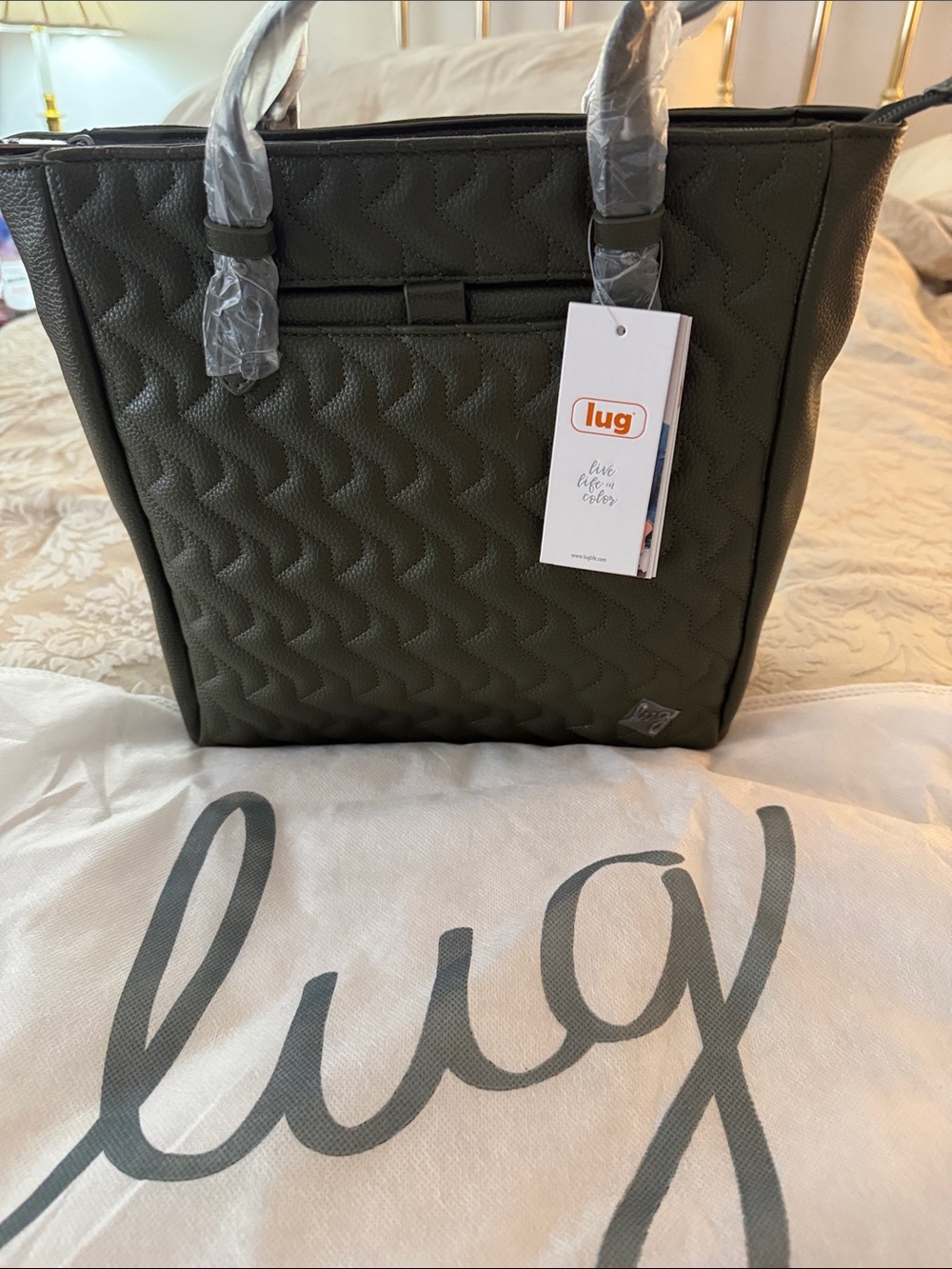 lug Olive Green Quilted Tote with Front Slip Pocket